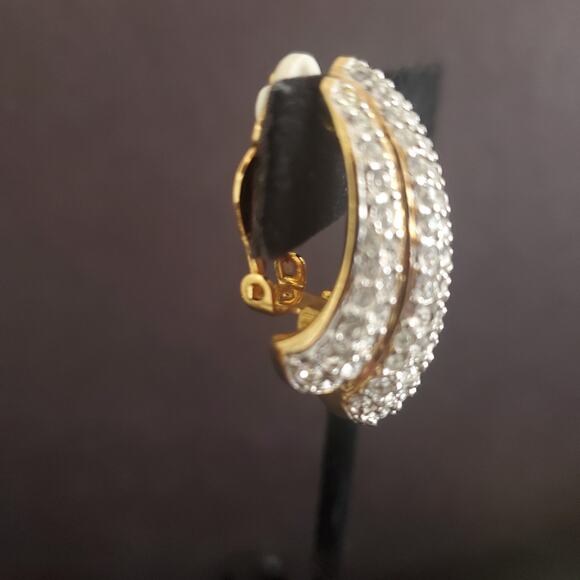 VTG Swarovski Large Earrings Clip On Pave‎ Crystals Gold Plated 80's Swan Signed - Picture 7 of 8